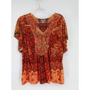 One World Multicolor Paisley Orange Red V Neck Short Sleeve Top Women's Sz 1X